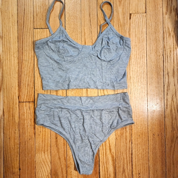 None Other - Grey Ribbed 2 Piece Lingerie Cropped Tank Top Hi-Rise Panties Underwear Large